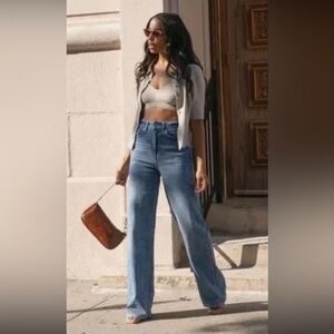 Zara High Rise Wide Leg Raw Hem Jeans Light Wash Vintage Style Cropped Denim 8